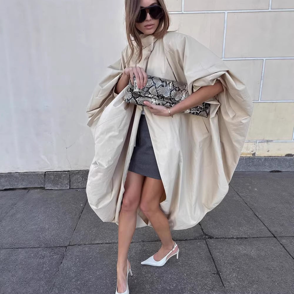 Women's Oversize Cape Coat with Stand-up Collar and Balloon-shaped Silhouette Chichicherry - Chichicherry