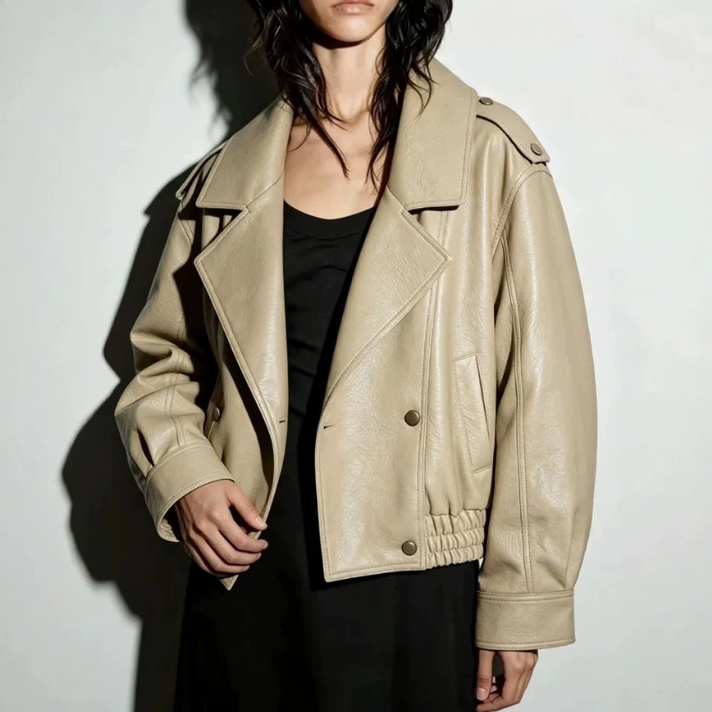 Women's Oversize Faux Leather Blouson with Double-Breasted Button Placket, Wide Lapels, and Elastic Hem Chichicherry - Chichicherry