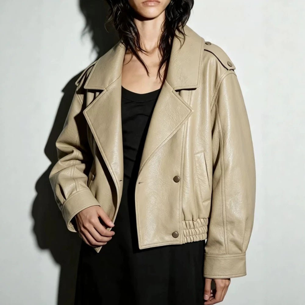Women's Oversize Faux Leather Blouson with Double-Breasted Button Placket, Wide Lapels, and Elastic Hem Chichicherry - Chichicherry