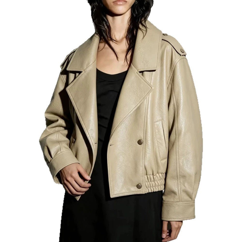 Women's Oversize Faux Leather Blouson with Double-Breasted Button Placket, Wide Lapels, and Elastic Hem Chichicherry - Chichicherry