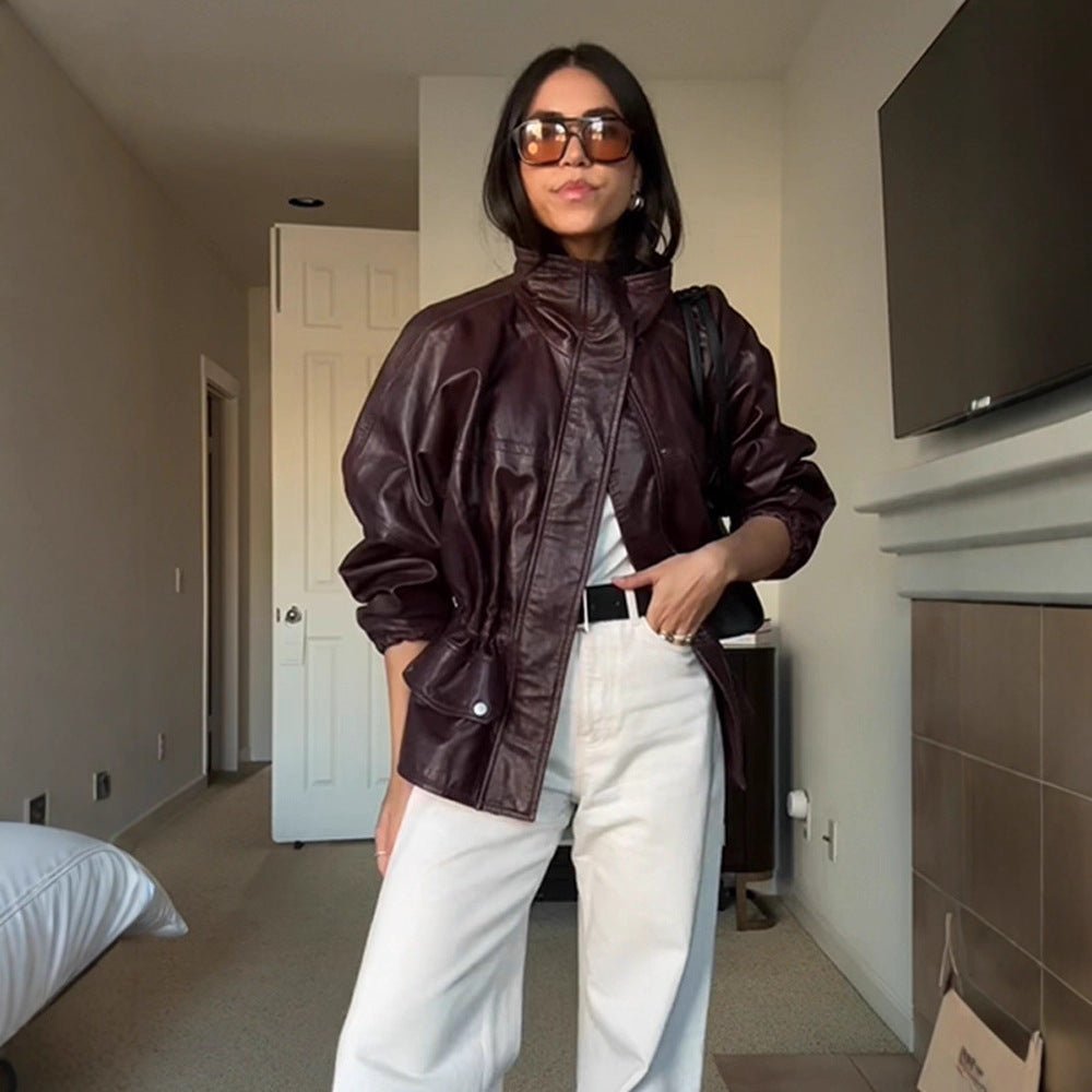 Women's Oversize Faux Leather Blouson with High Stand Collar and Waist Drawstring Chichicherry - Chichicherry