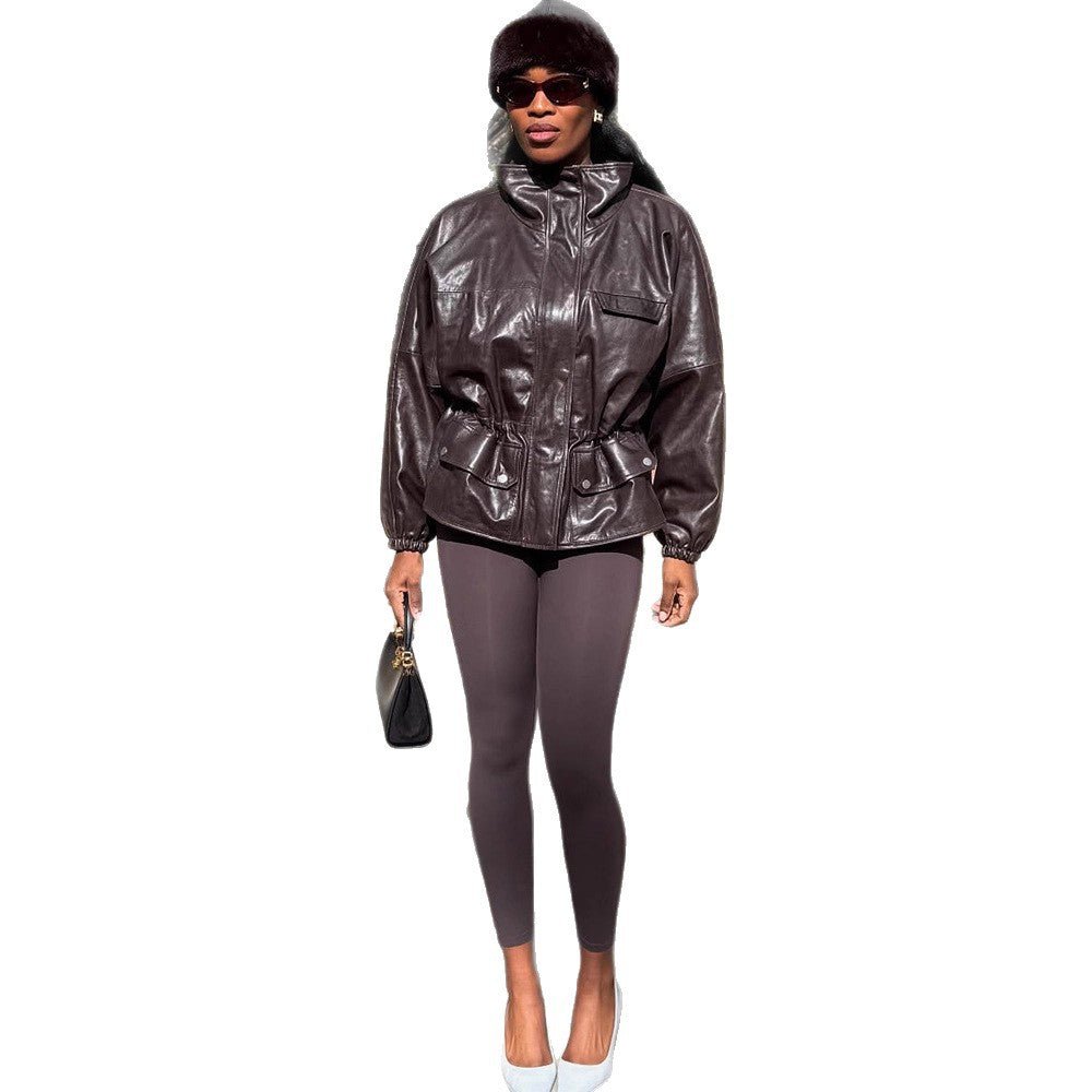 Women's Oversize Faux Leather Blouson with High Stand Collar and Waist Drawstring Chichicherry - Chichicherry