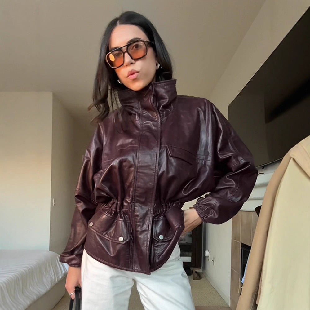 Women's Oversize Faux Leather Blouson with High Stand Collar and Waist Drawstring Chichicherry - Chichicherry