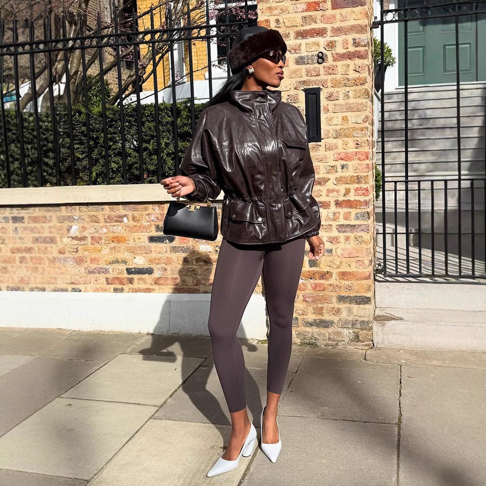 Women's Oversize Faux Leather Blouson with High Stand Collar and Waist Drawstring Chichicherry - Chichicherry
