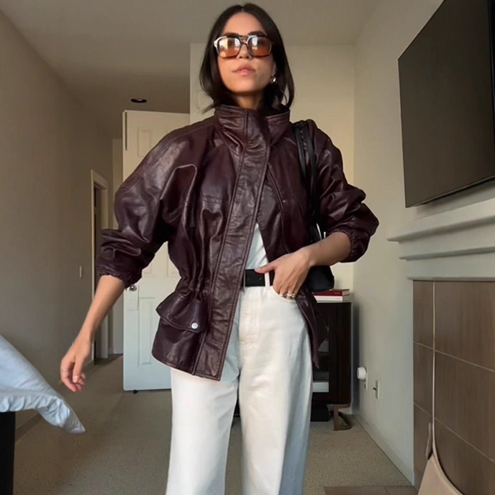 Women's Oversize Faux Leather Blouson with High Stand Collar and Waist Drawstring Chichicherry - Chichicherry
