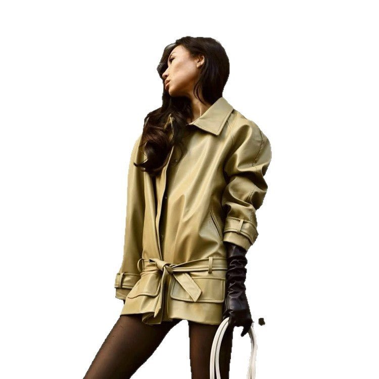 Women's Oversize Faux Leather Jacket with Waist Belt and Patch Pockets Chichicherry - Chichicherry