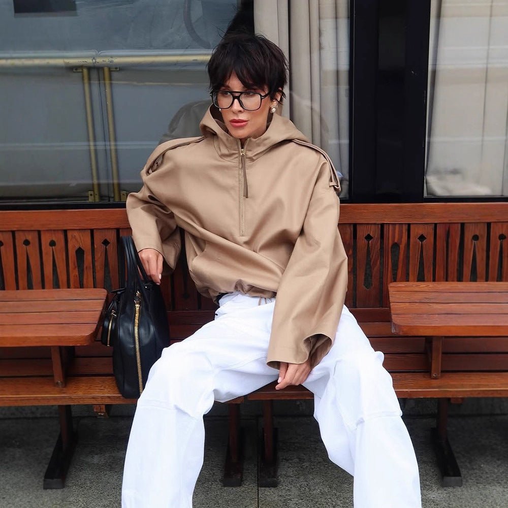 Women's Oversize Hoodie Jacket with Half Zipper and Shoulder Yoke Chichicherry - Chichicherry