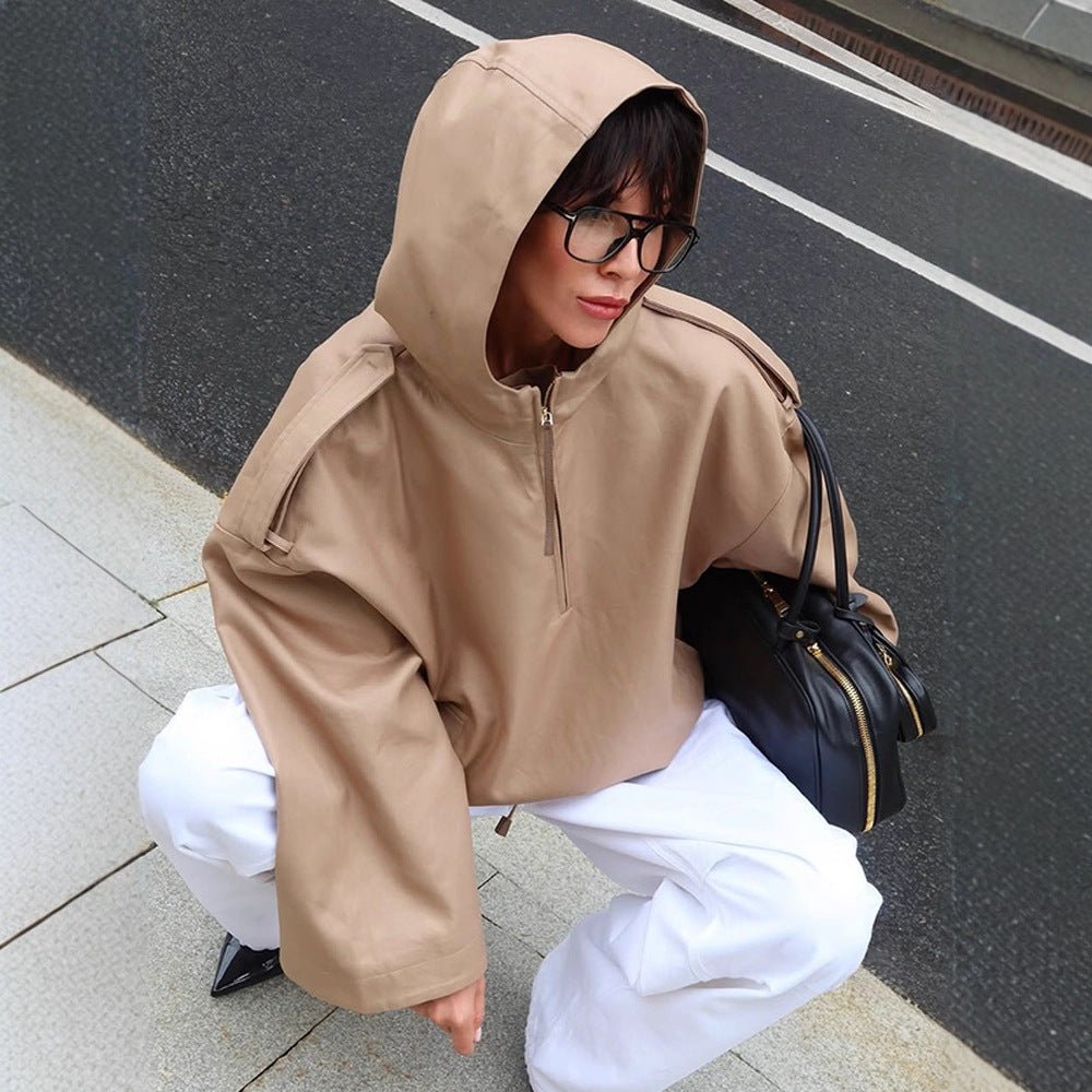 Women's Oversize Hoodie Jacket with Half Zipper and Shoulder Yoke Chichicherry - Chichicherry