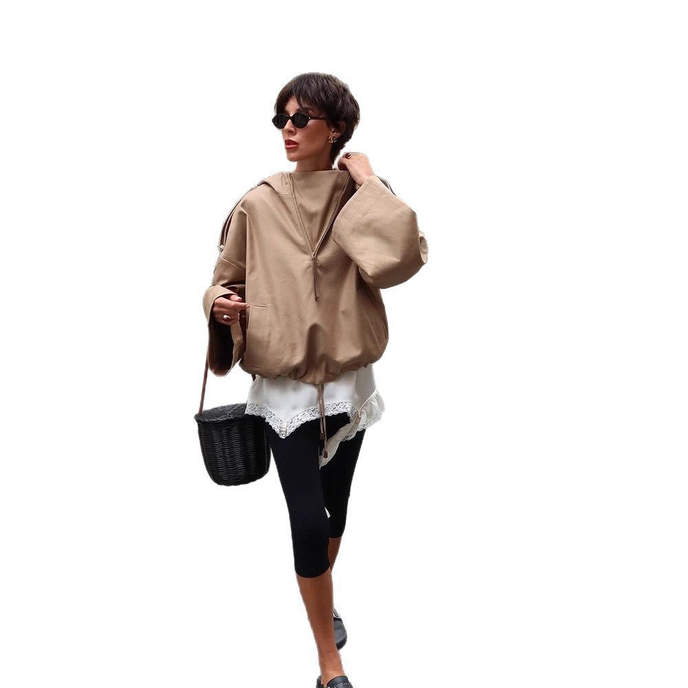 Women's Oversize Hoodie Jacket with Half Zipper and Shoulder Yoke Chichicherry - Chichicherry
