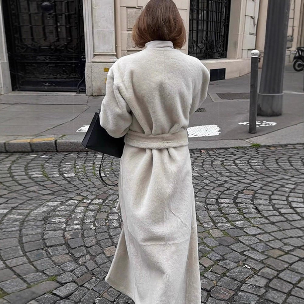 Women's Oversize Longer Faux Fur Coat with Waist Belt and Stand-up Collar Chichicherry - Chichicherry