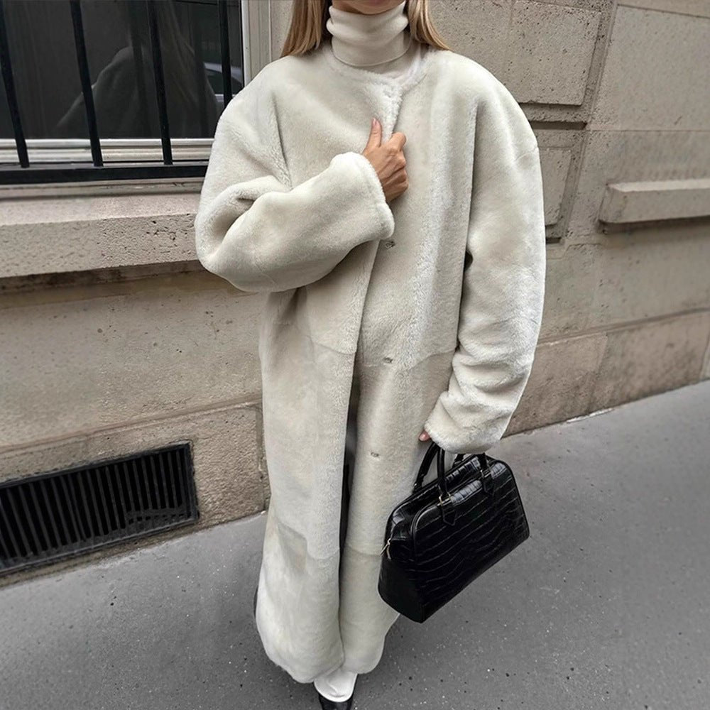 Women's Oversize Longer Faux Fur Coat with Waist Belt and Stand-up Collar Chichicherry - Chichicherry