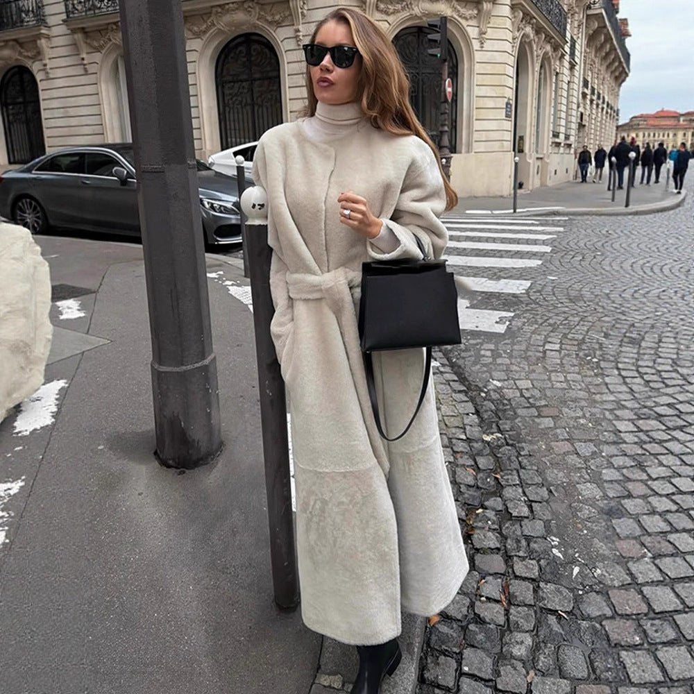 Women's Oversize Longer Faux Fur Coat with Waist Belt and Stand-up Collar Chichicherry - Chichicherry