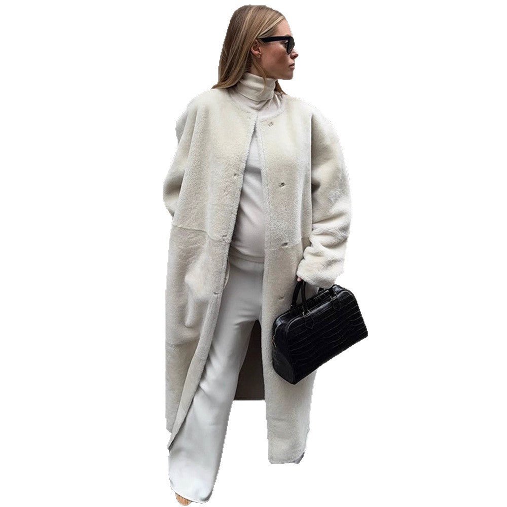 Women's Oversize Longer Faux Fur Coat with Waist Belt and Stand-up Collar Chichicherry - Chichicherry