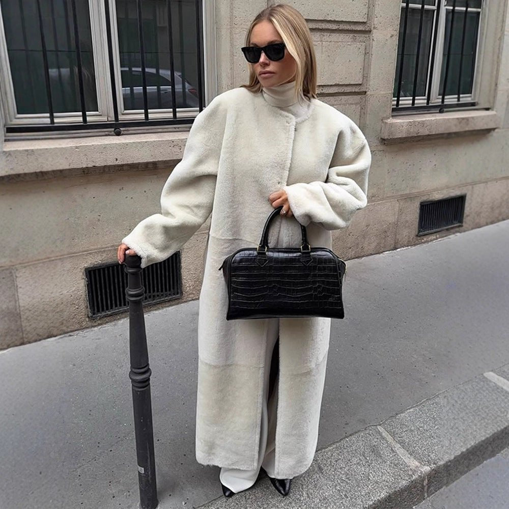 Women's Oversize Longer Faux Fur Coat with Waist Belt and Stand-up Collar Chichicherry - Chichicherry