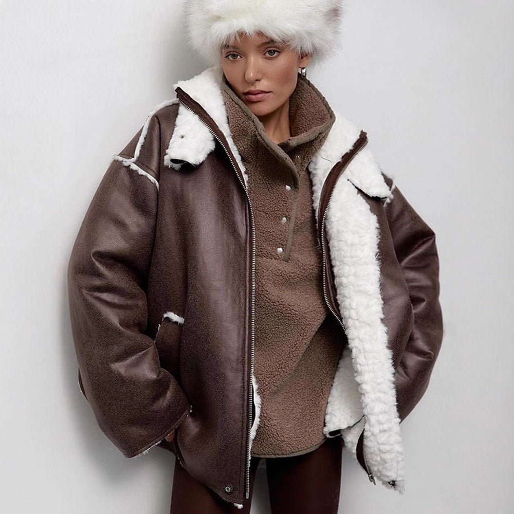 Women's Oversize Pilot Jacket in Vintage Look with Sherpa Lining and Contrast Trimmings Chichicherry - Chichicherry