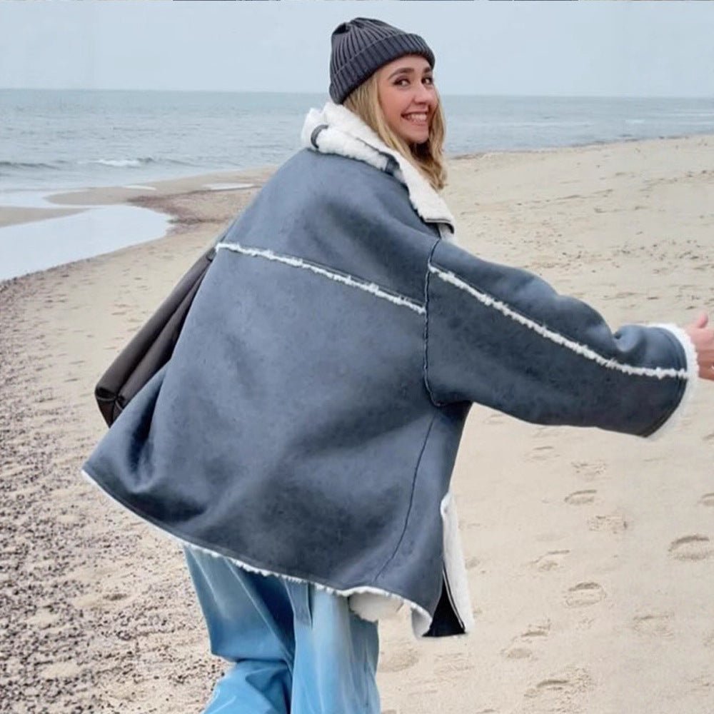 Women's Oversize Pilot Jacket in Vintage Look with Sherpa Lining and Contrast Trimmings Chichicherry - Chichicherry
