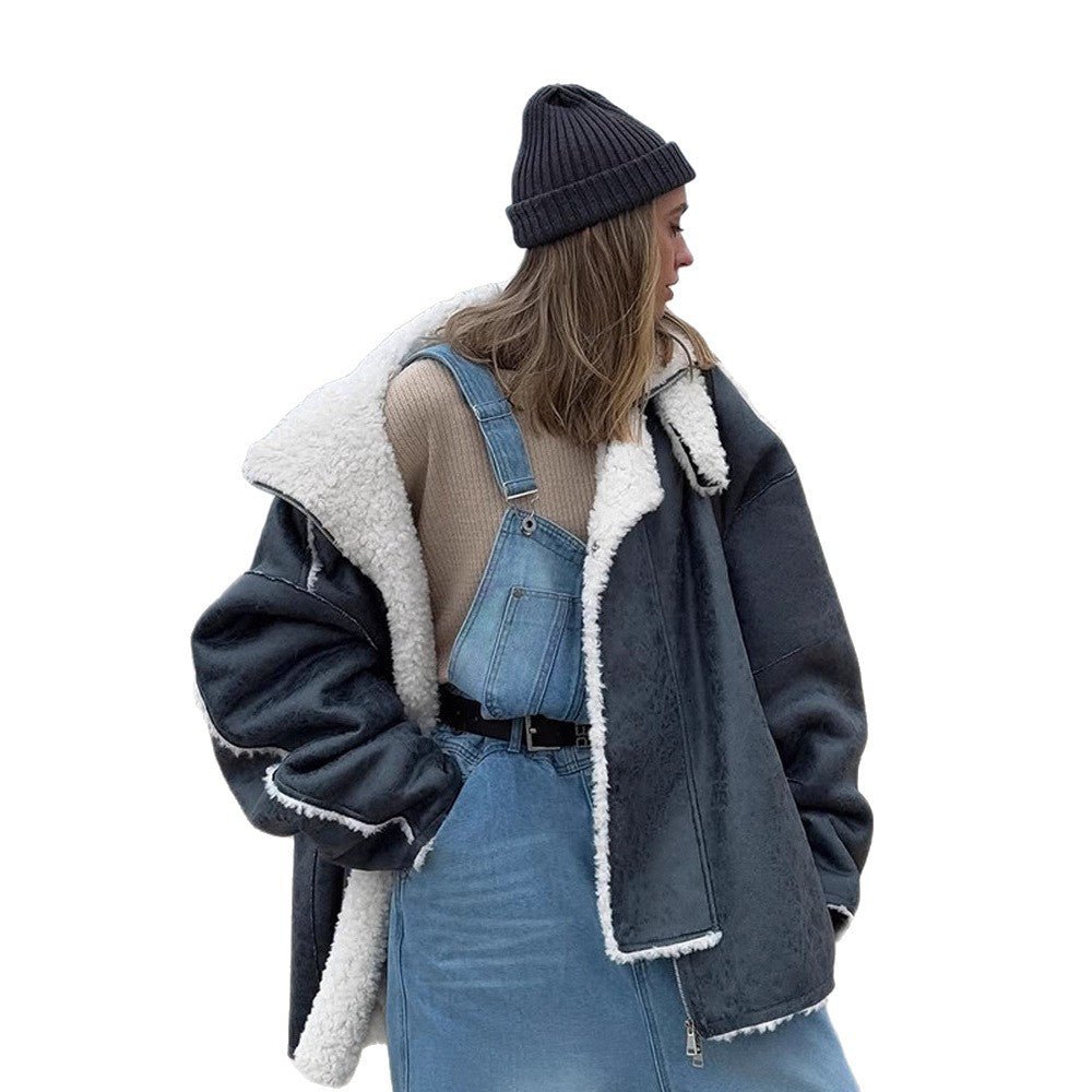 Women's Oversize Pilot Jacket in Vintage Look with Sherpa Lining and Contrast Trimmings Chichicherry - Chichicherry