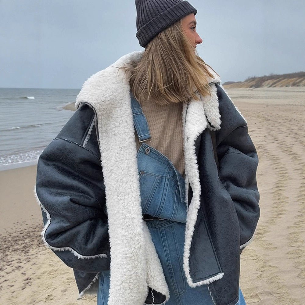 Women's Oversize Pilot Jacket in Vintage Look with Sherpa Lining and Contrast Trimmings Chichicherry - Chichicherry