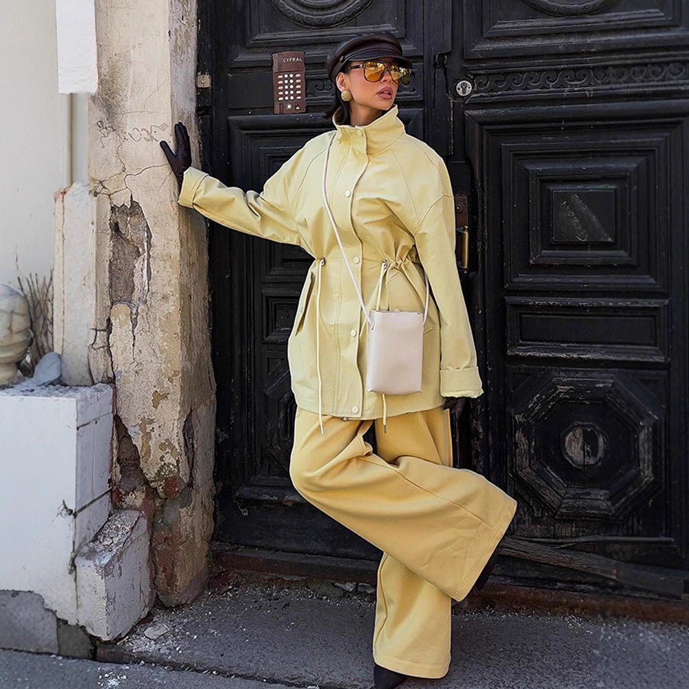 Women's Oversize Rain Jacket with Drawstring Waist, High Stand-Up Collar & Flap Pockets Chichicherry - Chichicherry