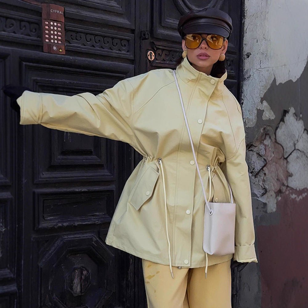 Women's Oversize Rain Jacket with Drawstring Waist, High Stand-Up Collar & Flap Pockets Chichicherry - Chichicherry