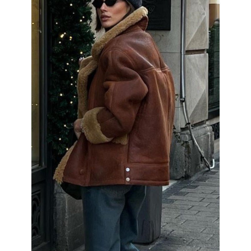 Women's Oversize Sheepskin-Look Aviator Jacket with Voluminous Shawl Collar Chichicherry - Chichicherry