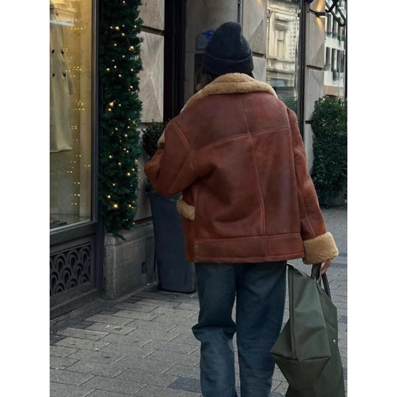 Women's Oversize Sheepskin-Look Aviator Jacket with Voluminous Shawl Collar Chichicherry - Chichicherry