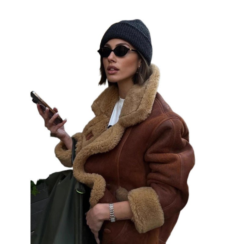 Women's Oversize Sheepskin-Look Aviator Jacket with Voluminous Shawl Collar Chichicherry - Chichicherry