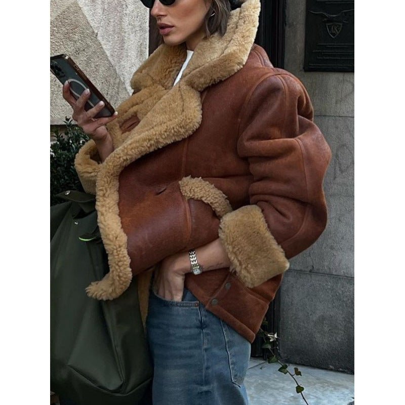 Women's Oversize Sheepskin-Look Aviator Jacket with Voluminous Shawl Collar Chichicherry - Chichicherry