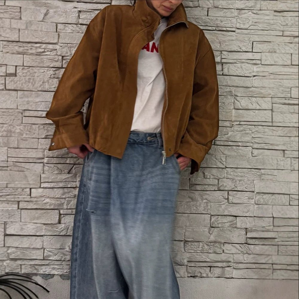 Women's Oversize Suede Blouson with High Standing Collar and Metal Zipper Chichicherry - Chichicherry