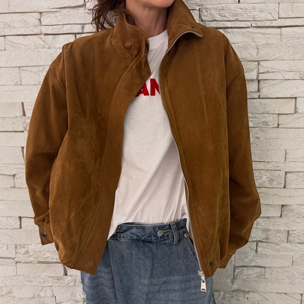 Women's Oversize Suede Blouson with High Standing Collar and Metal Zipper Chichicherry - Chichicherry