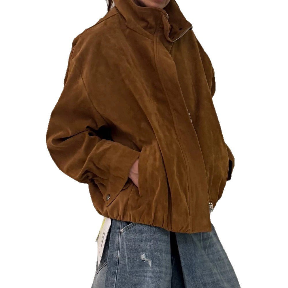 Women's Oversize Suede Blouson with High Standing Collar and Metal Zipper Chichicherry - Chichicherry