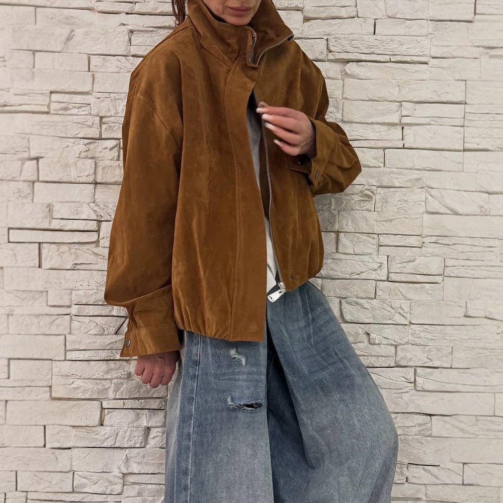 Women's Oversize Suede Blouson with High Standing Collar and Metal Zipper Chichicherry - Chichicherry