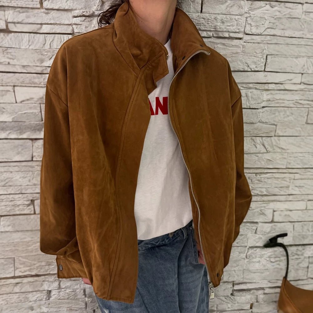 Women's Oversize Suede Blouson with High Standing Collar and Metal Zipper Chichicherry - Chichicherry