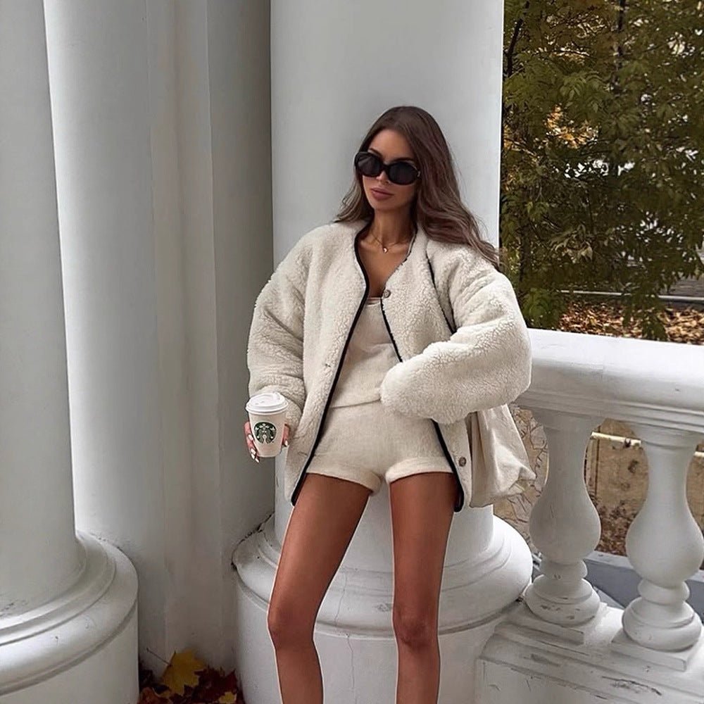 Women's Oversize Teddy-Faux Fur Jacket with Round Neck and Press Stud Placket Chichicherry - Chichicherry