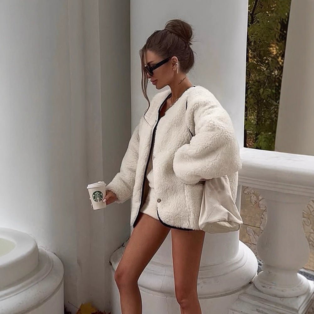 Women's Oversize Teddy-Faux Fur Jacket with Round Neck and Press Stud Placket Chichicherry - Chichicherry