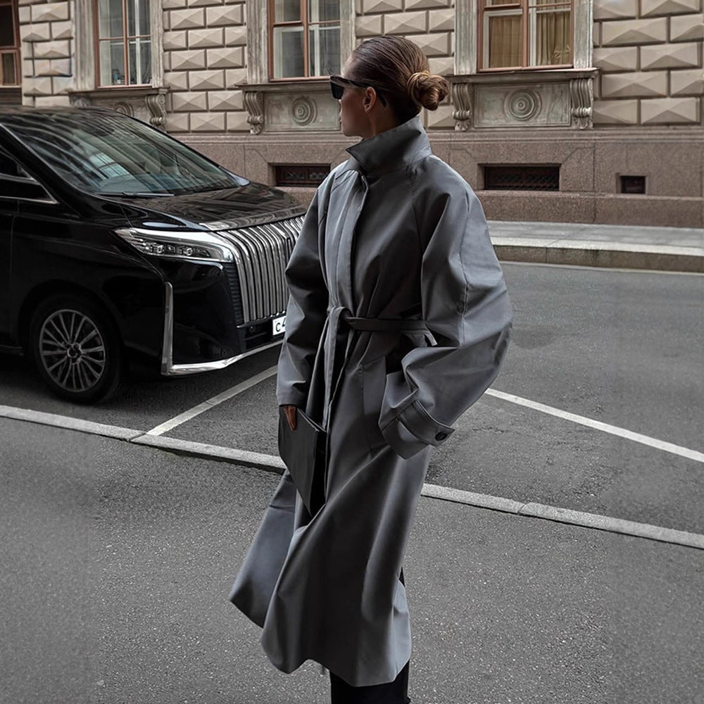 Women's Oversize Trench Coat with High Stand-Up Collar, Tie Belt and Hidden Button Placket Chichicherry - Chichicherry