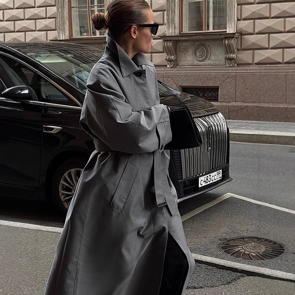 Women's Oversize Trench Coat with High Stand-Up Collar, Tie Belt and Hidden Button Placket Chichicherry - Chichicherry