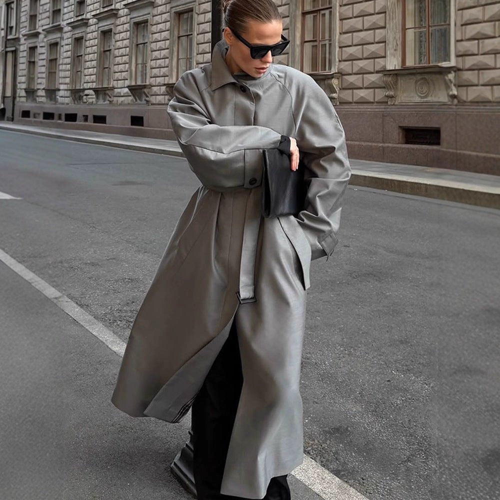 Women's Oversize Trench Coat with High Stand-Up Collar, Tie Belt and Hidden Button Placket Chichicherry - Chichicherry