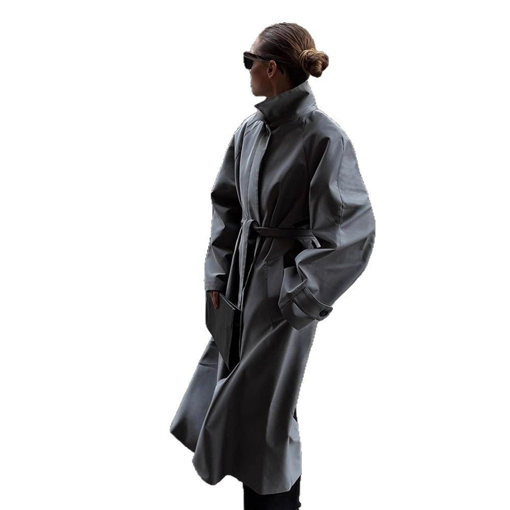 Women's Oversize Trench Coat with High Stand-Up Collar, Tie Belt and Hidden Button Placket Chichicherry - Chichicherry