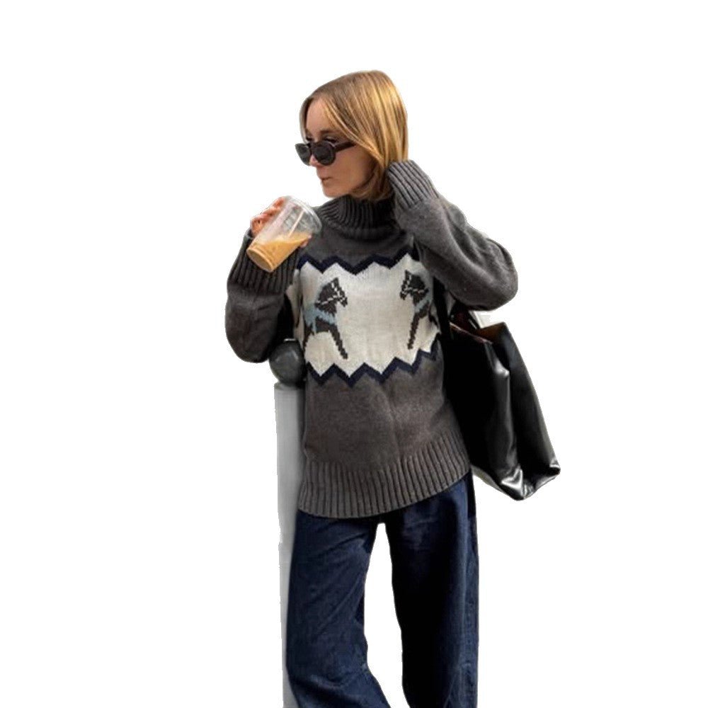 Women's Oversize Turtleneck Sweater with Norwegian Intarsia and Ribbed Cuffs Chichicherry - Chichicherry