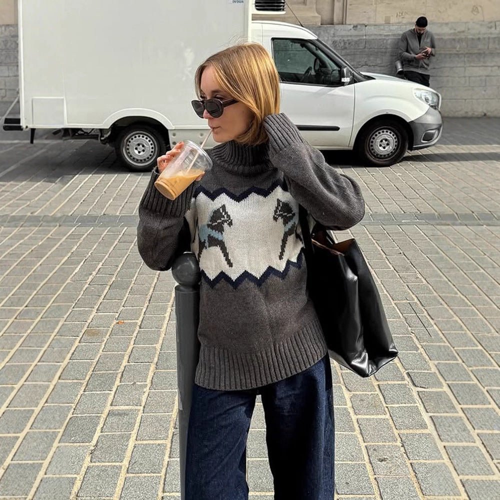 Women's Oversize Turtleneck Sweater with Norwegian Intarsia and Ribbed Cuffs Chichicherry - Chichicherry
