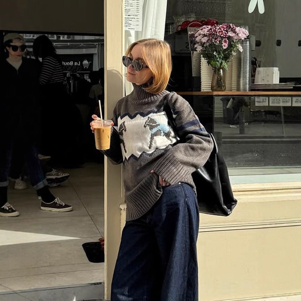 Women's Oversize Turtleneck Sweater with Norwegian Intarsia and Ribbed Cuffs Chichicherry - Chichicherry