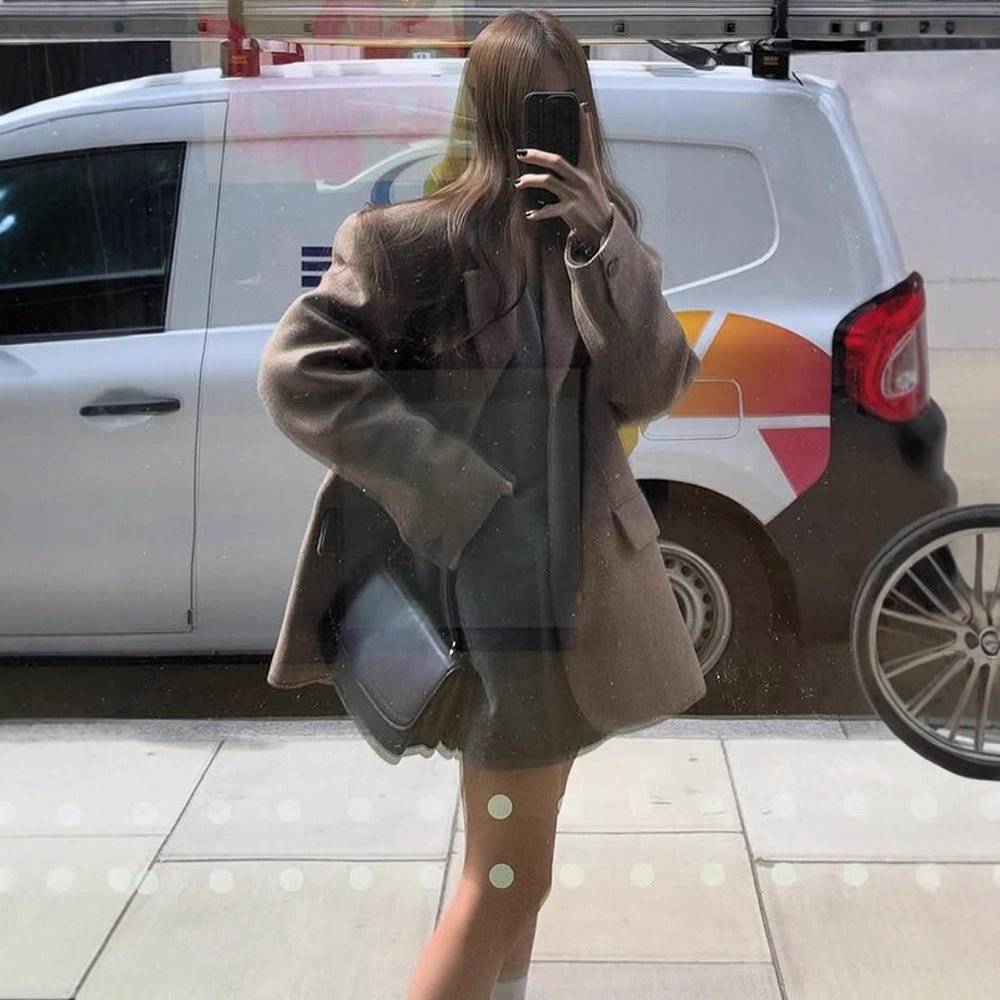 Women's Oversize Wool Blend Coat Blazer with Boxy Silhouette and Flap Pockets Chichicherry - Chichicherry