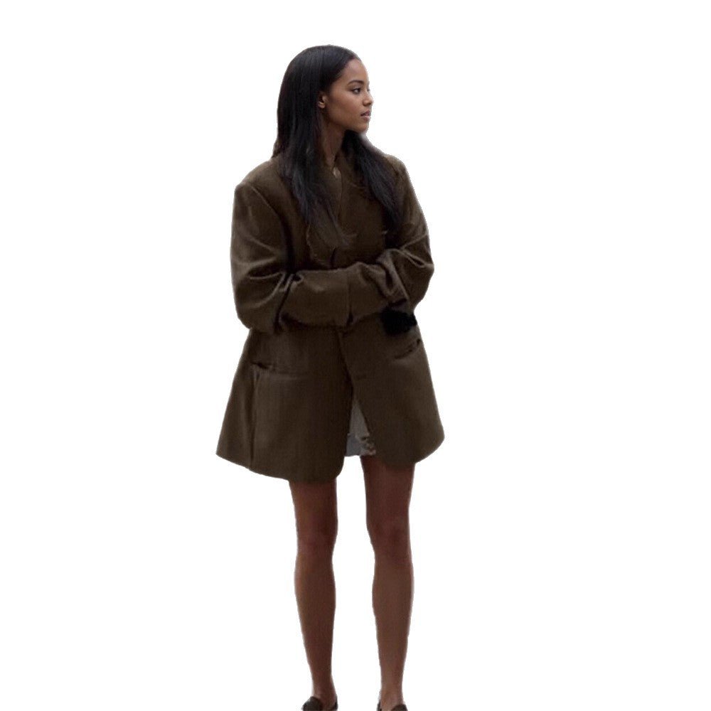 Women's Oversize Wool Blend Coat Blazer with Boxy Silhouette and Flap Pockets Chichicherry - Chichicherry