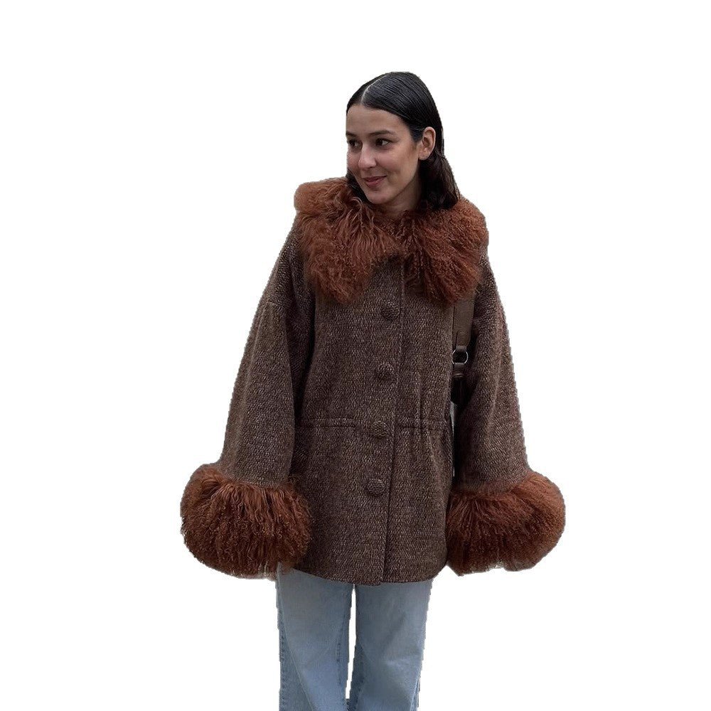 Women's Oversize Wool Blend Marca Coat with Voluminous Lamb Fur Imitation Collar and Extra Wide Sleeve Cuffs Chichicherry - Chichicherry