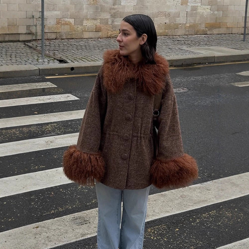 Women's Oversize Wool Blend Marca Coat with Voluminous Lamb Fur Imitation Collar and Extra Wide Sleeve Cuffs Chichicherry - Chichicherry