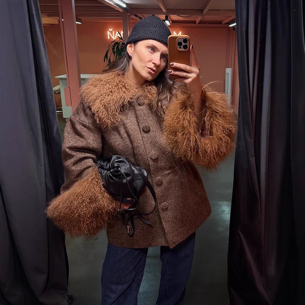 Women's Oversize Wool Blend Marca Coat with Voluminous Lamb Fur Imitation Collar and Extra Wide Sleeve Cuffs Chichicherry - Chichicherry