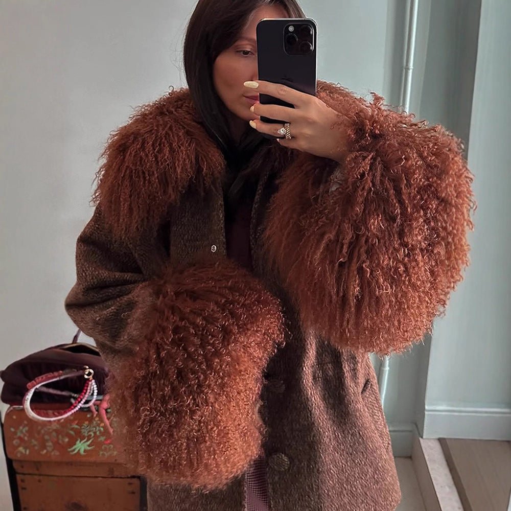 Women's Oversize Wool Blend Marca Coat with Voluminous Lamb Fur Imitation Collar and Extra Wide Sleeve Cuffs Chichicherry - Chichicherry
