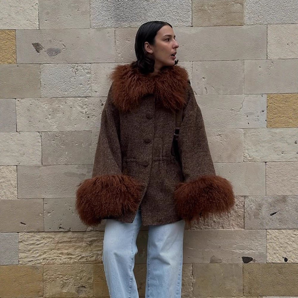 Women's Oversize Wool Blend Marca Coat with Voluminous Lamb Fur Imitation Collar and Extra Wide Sleeve Cuffs Chichicherry - Chichicherry