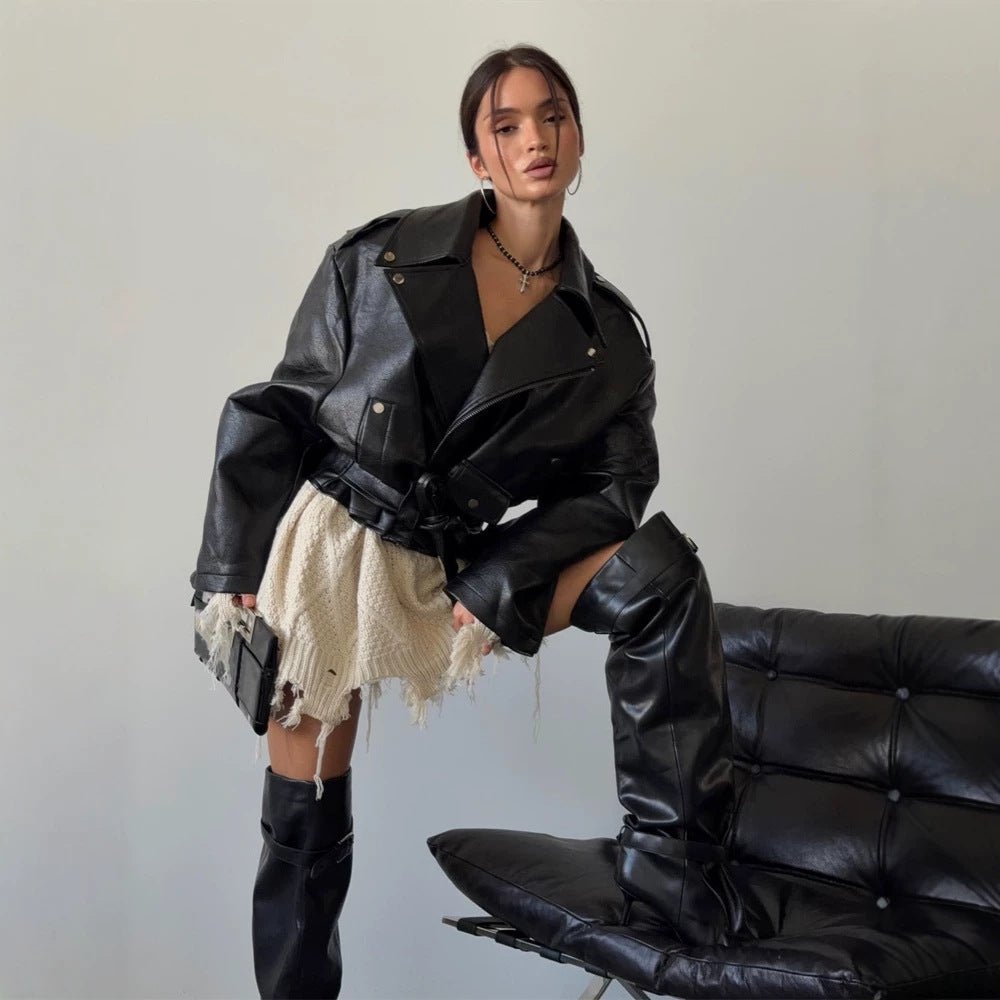 Women's Oversized Biker Jacket made of vegan leather imitation with waist belt & epaulettes Chichicherry - Chichicherry
